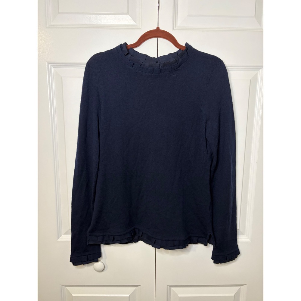 Vineyard Vines Navy Blue 100% Merino Wool Ruffle Trim Sweater Women's Sz Medium